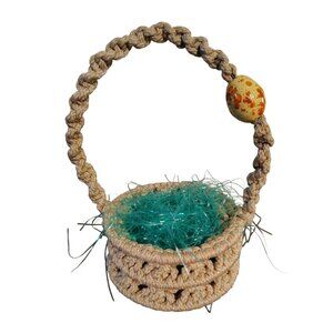 Vintage Handmade Macrame Easter Basket, Pottery Bead Speckled Accent, Boho